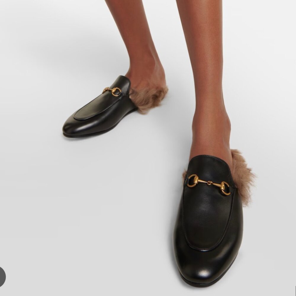 Gucci Princetown Leather & Lamb Fur Mules size 37.5